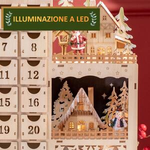 HOMCOM Calendario Avvento di Natale Rettangolare con Motivi a Tema e 12 Luci a LED, 22x9x30 cm, in Compensato, color Legno e Arancione