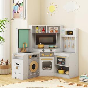 Costway Cucina ad angolo con luci e suoni set di gioco in legno pattumiera estraibile, Cucina angolo lavatrice e accessori ricchi Grigio