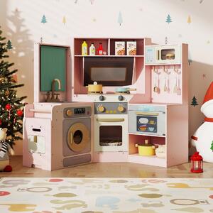 Costway Cucina ad angolo con luci e suoni set di gioco in legno pattumiera estraibile, Cucina angolo lavatrice e accessori ricchi Rosa