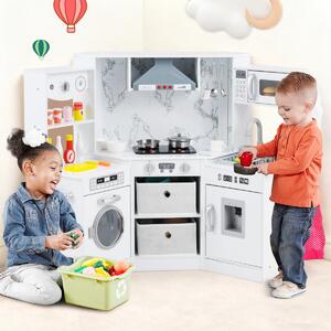 Costway Cucina giocattolo per bambini in legno con luci e suoni realistici, Angolo cucina con cappa aspirante illuminata Bianco