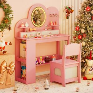 Costway Set tavolo da trucco principessa e sedia con 2 cassetti e libreria a 2 ripiani, Toeletta per bambini con luci Rosa