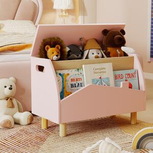 Costway Scatola dei giocattoli in legno con ripiano espositivo, Libreria per bambini con cerniera di sicurezza Rosa