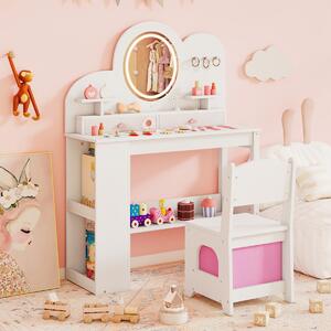 Costway Set tavolo da trucco principessa e sedia con 2 cassetti e libreria a 2 ripiani, Toeletta per bambini con luci Bianco