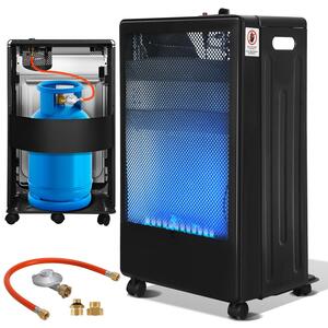 Stufa a gas da 3800 W, modello Blue Flame, con 2 livelli di riscaldamento, sistema ODS (controllo automatico della combustione), accensione piezoelettrica, tubo del gas e regolatore di pressione, e dotata di 5 ruote