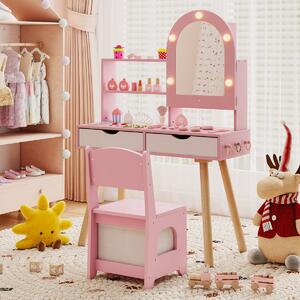 Costway Set tavolo da toeletta per bambini da trucco con 3 modalità di illuminazione colorata, Tavolo specchio con armadietto Rosa