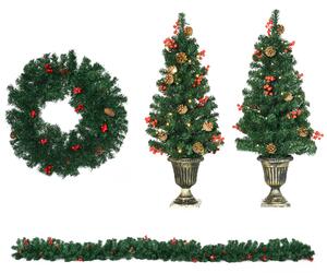 HOMCOM Decorazioni Natalizie con Luci LED e Bacche Rosse, Set 4 Pezzi con 2 Alberelli di Natale Φ40x90 cm, Ghirlanda Natalizia e Corona di Natale
