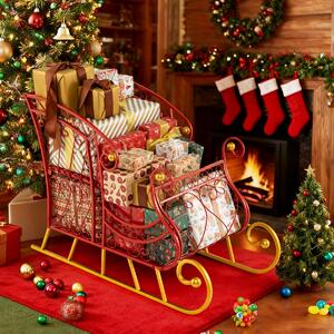Costway Cestino slitta di babbo natale in metallo per natale decorazione natalizia per casa, Cestino slitta decorativa festiva