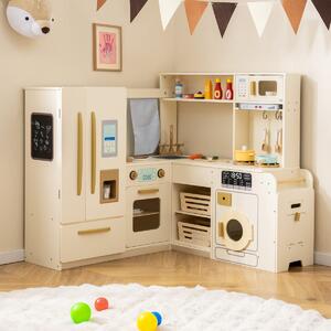 Costway Cucina angolare giocattolo da gioco ad angolo con luci e suoni, Cucina angolare giocattolo set frigorifero a doppia porta Beige