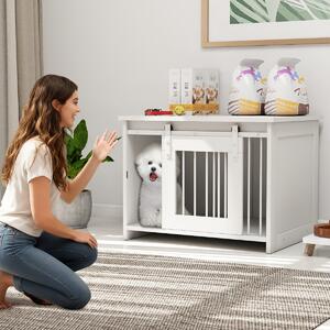 Costway Cuccia per cani gabbia in legno con ampio piano superiore e porta scorrevole, Cuccia moderna di piccola Bianco