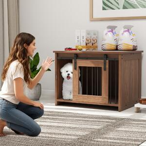 Costway Cuccia per cani gabbia in legno con ampio piano superiore e porta scorrevole, Cuccia moderna di piccola Marrone