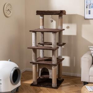 Costway Albero per gatti 148 cm torre per gatti alta con condo aereo oscillante, Albero per gatti tiragraffi foro pompon e piattaforme Marrone