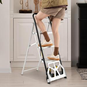 Costway Sgabello a 3 gradini in alluminio con pedali antiscivolo con ruote, Carrello a mano pieghevole 2 in 1 e scala Nero e argento