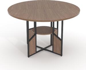 Tavolo rotondo da pranzo, diametro 150 cm, per 6-8 persone, con doppio ripiano e gambe in metallo, finitura noce