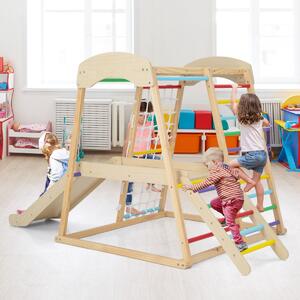 Costway Parco giochi 6-in-1 per bambini 1+ anni in legno e dondolo ad arco 2 in 1, Palestra in legno e arco di arrampicata a doppia faccia