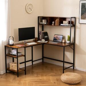 Costway Scrivania per computer a forma di l con pensile ripiani e gancio libreria, Scrivania per computer ufficio domestico Marrone