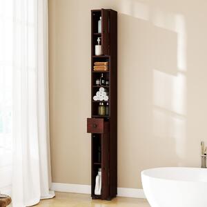 Costway Armadio da bagno alto slim con 1 cassetto di stoccaggio, Armadio da bagno 5 ripiani regolabili struttura antiscivolo Marrone scuro