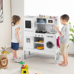 Costway Cucinetta per bambini con cappa macchina del ghiaccio telefono, Cucina con luci e suoni realistici per bambini Bianco