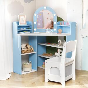 Costway Tocador per bambini con luci set toeletta e sedia principessa con 3 mensole, Tocador per bambini con 5 scomparti aperti Blu