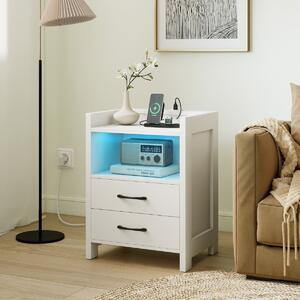 Costway Tavolino moderno per divano per soggiorno e camera da letto, Comodino con luci LED e prese di corrente Bianco