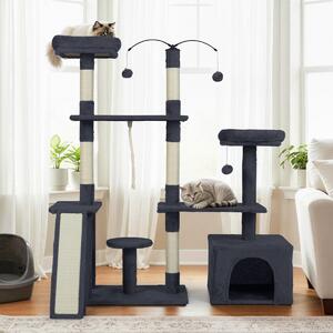 Costway Albero per gatti 136 cm casa giochi multilivello con tiragraffi rampa, Albero per gatti 2 posatoi imbottiti ampio condo Grigio scuro