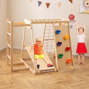 Costway Parco giochi bambini 6 in 1 legno set arrampicata con scivolo, Parco giochi bambini arrampicata e canestro basket Legno naturale