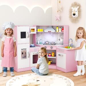 Costway Cucina giocattolo per bambini in legno con lavabo separato suoni e luci divertenti, Set da cucina per giochi Rosa
