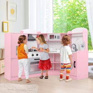 Costway Cucina giocattolo d'angolo per bambini con macchina di ghiaccio, Cucina giocattolo con microonde e forno Rosa