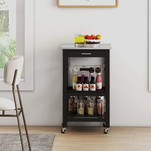 Costway Carrello a 4 livelli con piano in acciaio inox cestino in rete e vassoio rimovibile, Carrello da cucina Isola da cucina Nero