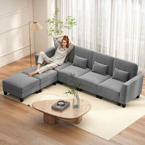 Costway Divano modulare divano a forma di u con porte di ricarica usb e tipo-c, Divano con doppio chaise longue per soggiorno Grigio