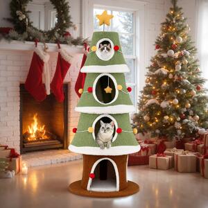 Costway Albero di Natale per gatti con 4 condomini e tappeto sisal, Mobile per arrampicata da interno per animali 154 cm