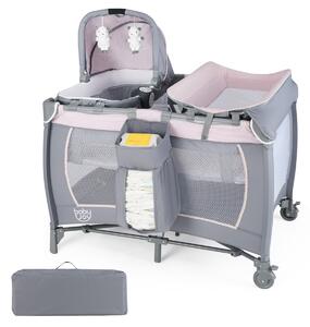 Costway Box portatile per bambini con culla a dondolo e fasciatoio, Lettino pieghevole pack per neonati e bambini fino a 3 anni Rosa