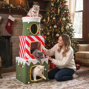 Costway Albero per gatti di natale da interno mobile alto 120cm con 3 condo, Albero per gatti caverne nascoste e pallina appesa Verde