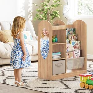 Costway Libreria per bambini con specchio scaffale giocattoli 4 ripiani a rete, Libreria bambini montessori 4 livelli sala giochi Legno naturale