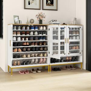 Costway Armadio porta scarpe in legno con ripiani regolabili e gambe in metallo, Armadio porta scarpe a 7 livelli con porte in rete Bianco