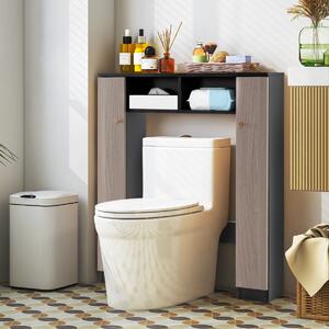 Costway Scaffale sopra wc con doppia anta 2 scomparti aperti e 4 ripiani regolabili, Mobile a ponte per bagno Marrone