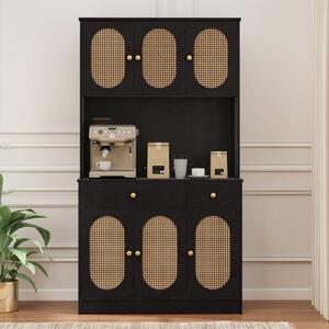Costway Credenza indipendente boho per soggiorno con 6 ante in rattan 2 cassetti, Mobile dispensa 180 cm con vetrina Nero