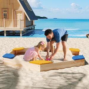 Costway Sabbiera esagonale in legno combo piscina di sabbia e fioriera aperta con 6 sedili comodi, Sabbiera per bambini 3+ anni