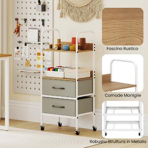 Costway Carrello stoccaggio rotelle supporto 2 ripiani 2 cassetti tessuto, Carrello organizer trucco 4 ruote camera letto Legno naturale