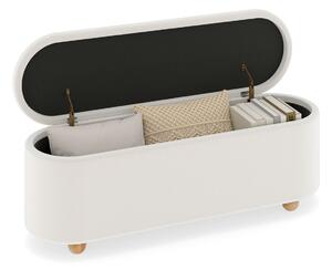 Costway Panca contenitore ovale imbottito 139 cm coperchio ribaltabile, Panca contenitore gambe in legno di caucciù Bianco