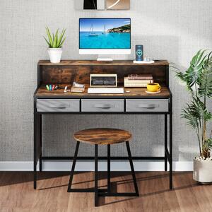 Costway Set tavolo trucco e sgabello con supporto per monitor, Scrivania per computer con prese di corrente Marrone