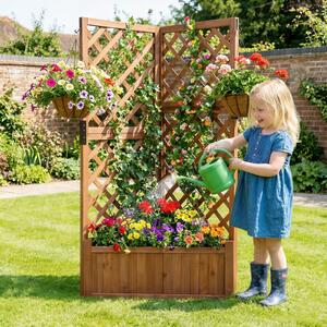 Costway Letto da giardino rialzato ad angolo con traliccio e fori di drenaggio, Fioriera in legno per fiori verdure interno ed esterno Marrone