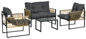 Outsunny Set da giardino 4 pezzi divano 2 posti 2 poltrone e 1 tavolino con piano in vetro temperato 3 cuscini - grigio