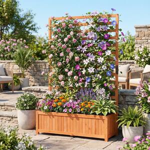 Costway Letto da giardino rialzato in legno con traliccio verticale fodera e drenaggio, Fioriera elevata per interno esterno patio balcon Arancione