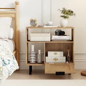 Costway Comodino boho in rattan con ripiano portaoggetti e gambe in metallo, Tavolino laterale in legno piccolo multifunzionale per soggiorno camera da letto e ingresso