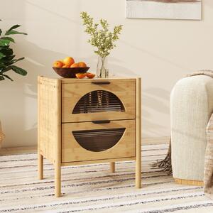 Costway Comodino in bambù mid-century moderno con 2 cassetti e frontali in vetro temperato, Tavolino laterale naturale per soggiorno e camera da letto
