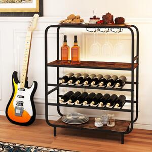 Costway Portabottiglie per vino da 16 bottiglie con portacalici, Scaffale da pavimento a 5 ripiani stile industriale metallo per cucina home bar