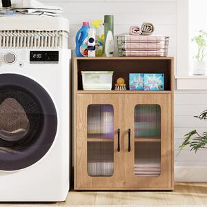 Costway Mobiletto da bagno autoportante con 2 ante ripiano regolabile a 3 livelli scomparto aperto, Organizer per bagno design anti-ribaltamento Naturale