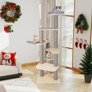 Costway Tiragraffi alto 197 cm torre gatti più livelli trespolo imbottito superiore, Condominio privato materassini staccabili pali graffiare amaca confortevole