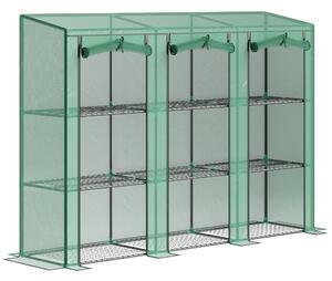 Outsunny Serra da Esterno a 3 Livelli con Porta Avvolgibile con Cerniera 9 Ripiani Copertura in PE 215x46x151cm Verde | Aosom Italy