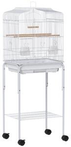 PawHut Gabbia per Uccelli con Ruote Ripiano Sportelli 2 Mangiatoie 2 Posatoi Altalena Vassoio Estraibile 46,5x36x124 cm Bianco | Aosom Italy